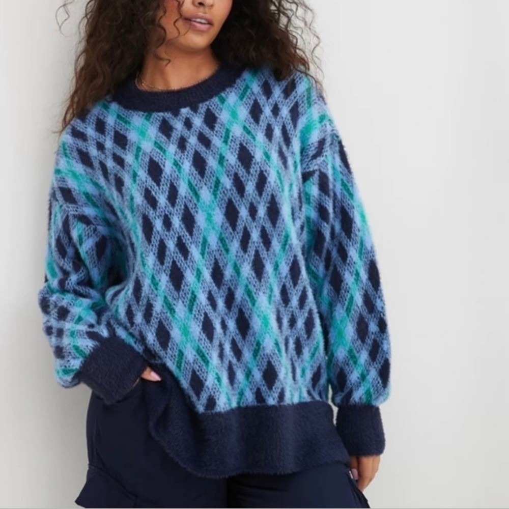 AERIE Blue Argyle Plaid Flurry Oversized Crewneck Pullover Sweater SZ Small Twee